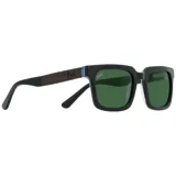 Lentes de sol rectangulares con marco de acetato negro y lentes verdes.