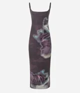 Vestido midi de tul con estampado floral abstracto, escote cuadrado y breteles finos ajustables.