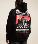 Buzo negro de hombre confeccionado en fleece, de corte relajado, con capucha, mangas largas con puños ajustados, bolsillo canguro y estampado de automovilismo "Racing Team".