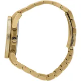 Reloj de acero inoxidable color oro con esfera azul y cronógrafo, resistente al agua hasta 10 ATM.