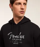 Buzo hoodie negro de algodón con felpa, con cordón ajustable, manga larga, bolsillo canguro, puños y barras ajustados y estampa lettering delantero con el logo de Fender.