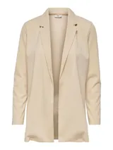 Blazer largo color beige de punto elástico con cuello de solapas, corte regular y textura suave.