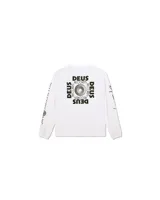 Remera blanca de manga larga con cuello redondo y estampado del logo de la marca Deus Ex Machina en el pecho y en las mangas.