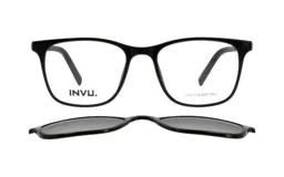 Anteojos de acetato negros con lentes transparentes y clip-on de sol polarizado gris.