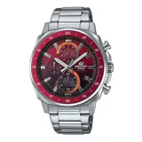 Reloj Casio Edifice con caja y correa de acero plateado, esfera roja con detalles en naranja y negro, y bisel rojo con números. Cuenta con cronógrafo y calendario.