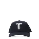 Gorro de gabardina negro con paneles de malla en los laterales y logo bordado en blanco en el frente.