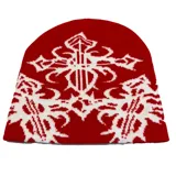 Gorro de poliéster color rojo con diseño de cruz blanca.