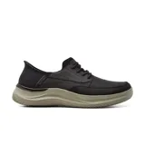 Zapato Skechers Slip-ins Relaxed Fit: Hasting - Rory, color negro, con capellada de cuero y cordones elásticos. Cuenta con plantilla Air-Cooled Memory Foam y suela de tracción flexible.