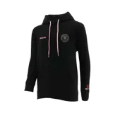 Canguro negro con capucha y cordones rosas, bolsillo tipo canguro y puños acanalados. Logo del Inter de Miami en el pecho y logo de la MLS en la manga.