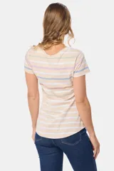 Remera de algodón a rayas horizontales azul marino y blancas, con cuello redondo y mangas cortas.