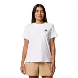 Remera blanca de algodón orgánico con logo de la marca Columbia estampado en el pecho. Cuello redondo con ribete acanalado.