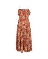 Vestido largo con estampado floral en tonos naranja, amarillo y blanco.