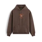 Canguro marrón con capucha, bolsillo delantero y puños y cintura acanalados. Estampado en el pecho con el logo de la marca, una silla y la frase "Sin Siesta No Hay Fiesta".
