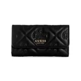 Billetera tipo sobre de color negro, con diseño acolchado en patrón de rombos y logo metálico dorado de Guess en el frente.