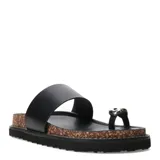 Sandalias negras con base de corcho y detalle de metal plateado en la tira del dedo.