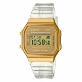 Reloj digital Casio A168XESG-9ADF con caja dorada y correa transparente de resina. Cuenta con cronómetro, alarma, luz LED, calendario y resistencia al agua (30 metros).