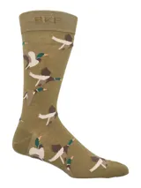 Calcetines largos color verde oliva con estampado de patos blancos y marrones en vuelo.