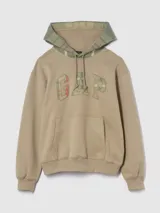 Canguro beige con capucha forrada en tela escocesa y logo GAP estampado en el frente.