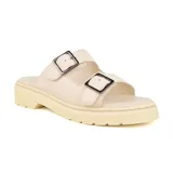 Sandalias bajas color verde militar con doble tira ancha con hebillas metálicas y suela track color negro.
