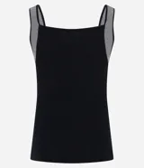 Musculosa negra de poliéster, viscosa y elastano, con escote cuadrado y tirantes anchos a rayas horizontales blancas y grises.