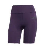 Calza corta de mujer Adidas Essentials Stash color violeta, de tiro alto y calce ajustado, con logo de la marca en la pierna izquierda.