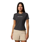 Remera de mujer Columbia color gris oscuro, de corte clásico, con cuello redondo y mangas cortas. Logo de la marca estampado en el pecho. Confeccionada con tejido Omni-Wick™ que absorbe el sudor.