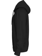 Buzo negro de poliéster con capucha y cordones ajustables, puños y dobladillo con punto canalé, corte relaxed y cintas decorativas con el logo de Calvin Klein repetido en las mangas.