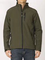 Campera verde militar de neopreno con cuello alto, cierre frontal con cremallera, bolsillo en el pecho con cremallera, bolsillos laterales con cremallera y puños ajustables con velcro.