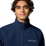 Chaqueta Columbia Ascender Soft Shell para hombre, color azul marino. Cuenta con tejido resistente al agua y al viento, protector de mentón, bolsillo en el pecho con cierre, bolsillos para manos con cierre, puños ajustables y dobladillo ajustable con ceñidor.