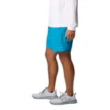 Short de baño azul con cintura elástica ajustable con cordón, bolsillos laterales de malla y bolsillo trasero con cierre.