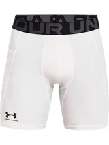 Short de compresión gris con pretina elástica negra con la marca Under Armour en blanco.