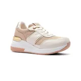 Championes Korium Kali color beige con detalles dorados, plataforma blanca y suela rosa.