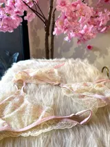 Conjunto de lencería de encaje floral en tonos rosa y crema, compuesto por un corpiño triangular sin aro con breteles finos regulables y una tanga regulable.