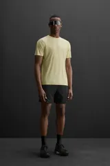 Camiseta deportiva color amarillo claro confeccionada en tejido técnico ligero y elástico. Cuenta con cuello redondo, manga corta, costuras termofijadas y estampaciones reflectantes en la espalda.