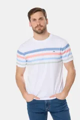 Remera de manga corta color gris jaspeado con cuello redondo y un patrón de rayas horizontales anchas en tonos pastel (azul, verde menta, rosado y amarillo). Presenta un pequeño logo bordado en el pecho.