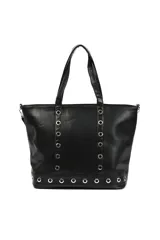 Bolso tipo shopper negro de cuero sintético con doble asa de hombro y correa bandolera desmontable. Presenta ojales metálicos plateados en los laterales y en la base.