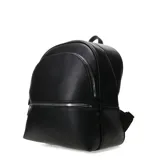 Mochila negra de cuero sintético con cierre plateado y logo de la marca en relieve en la parte superior.