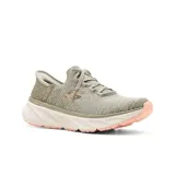 Championes deportivos Skechers Hands Free Slip-ins Relaxed Fit: Edgeride - Impression, color gris con detalles en rosa. Fabricados con materiales reciclados y veganos, capellada de punto elástico, cordones elásticos fijos, plantilla Skechers Air-Cooled Memory Foam y suela de tracción flexible.