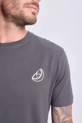 Remera gris de manga corta con estampa en la espalda que incluye el texto 'Fresh & Mellow', la frase 'Best enjoyed in the sun' y el dibujo de un jugo de naranja.