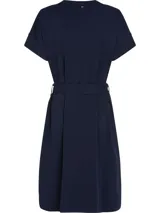 Vestido azul marino de algodón interlock de Tommy Hilfiger, con cuello redondo, manga corta y cinturón anudable.