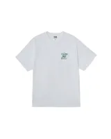 Remera blanca de algodón con cuello redondo y estampado pequeño en el pecho con el logo de Obey y un diseño de dos figuras leyendo un libro.