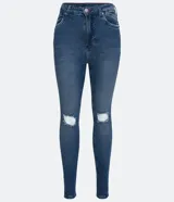 Pantalón skinny de jeans azul oscuro con cintura alta, trabillas, bolsillos y rotos en las rodillas.