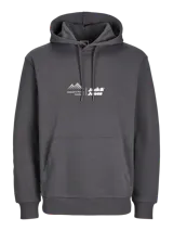 Hoodie gris oscuro con capucha y manga larga. Estampado frontal con logo de la marca Jack & Jones.