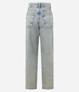 Pantalón recto de jeans con efecto sobretinto, trabillas en la cintura, cierre con botón y cremallera, bolsillos delanteros y traseros.