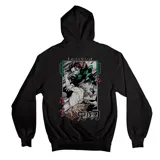 Canguro blanco con capucha y cordones ajustables, puños y cintura acanalados. Estampado frontal con máscara de zorro y texto en japonés de la serie Kimetsu no Yaiba.