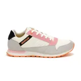 Zapatillas urbanas Caterpillar modelo Ventura, color blanco con detalles en gris, rosa y naranja. Confeccionadas en gamuza y malla, con logo de la marca en el lateral y suela de goma.