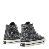 Championes Converse Chuck 70 Hi unisex, de caña alta, color negro con textura brillante y detalles plateados.