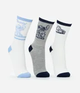 Kit de tres pares de medias de algodón con caña media, cada par con un color diferente, rayas en el puño y estampado de Stitch.