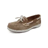 Mocasín marrón con detalles en cuero color caramelo, cordones finos y suela color crema.