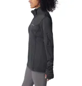 Buzo polar Columbia de mujer, color gris, con media cremallera frontal, cuello alto, mangas largas con orificios para pulgares y bolsillo con cremallera en la manga izquierda.